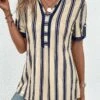 Striped Patchwork Beige Shirt Collar Short Sleeve Blouse 1 Striped Patchwork Beige Shirt Collar Short Sleeve Blouse -Rosewe Promotion Store 333232 P 16878638511380