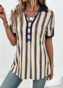 Striped Patchwork Beige Shirt Collar Short Sleeve Blouse