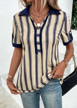 Striped Patchwork Beige Shirt Collar Short Sleeve Blouse -Rosewe Promotion Store 333232 P 16878638516305