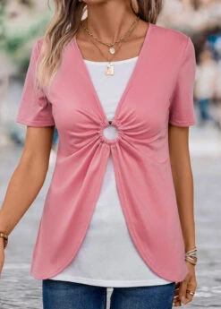 Fake 2in1 Circular Ring Pink V Neck T Shirt -Rosewe Promotion Store 333276 P 16868944569534