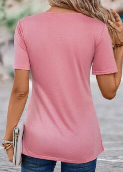 Fake 2in1 Circular Ring Pink V Neck T Shirt -Rosewe Promotion Store 333276 P 16868944569721