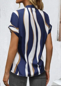 Geometric Print Split Neck Short Sleeve Navy Blouse 6 Geometric Print Split Neck Short Sleeve Navy Blouse -Rosewe Promotion Store 333296 P 1683281697803