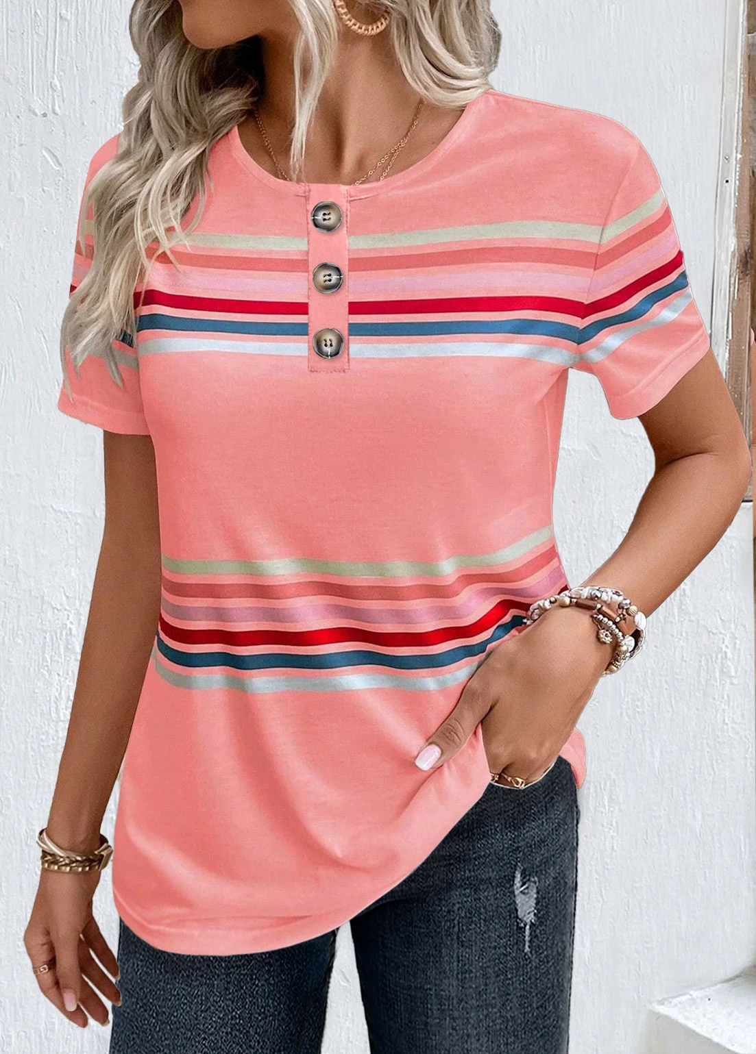 Pink Plus Size Button Striped T Shirt 3 Pink Plus Size Button Striped T Shirt