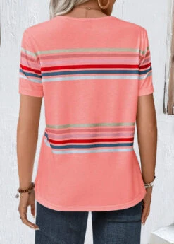 Pink Round Neck Short Sleeve Striped T Shirt -Rosewe Promotion Store 333297 P 1683281710346 1