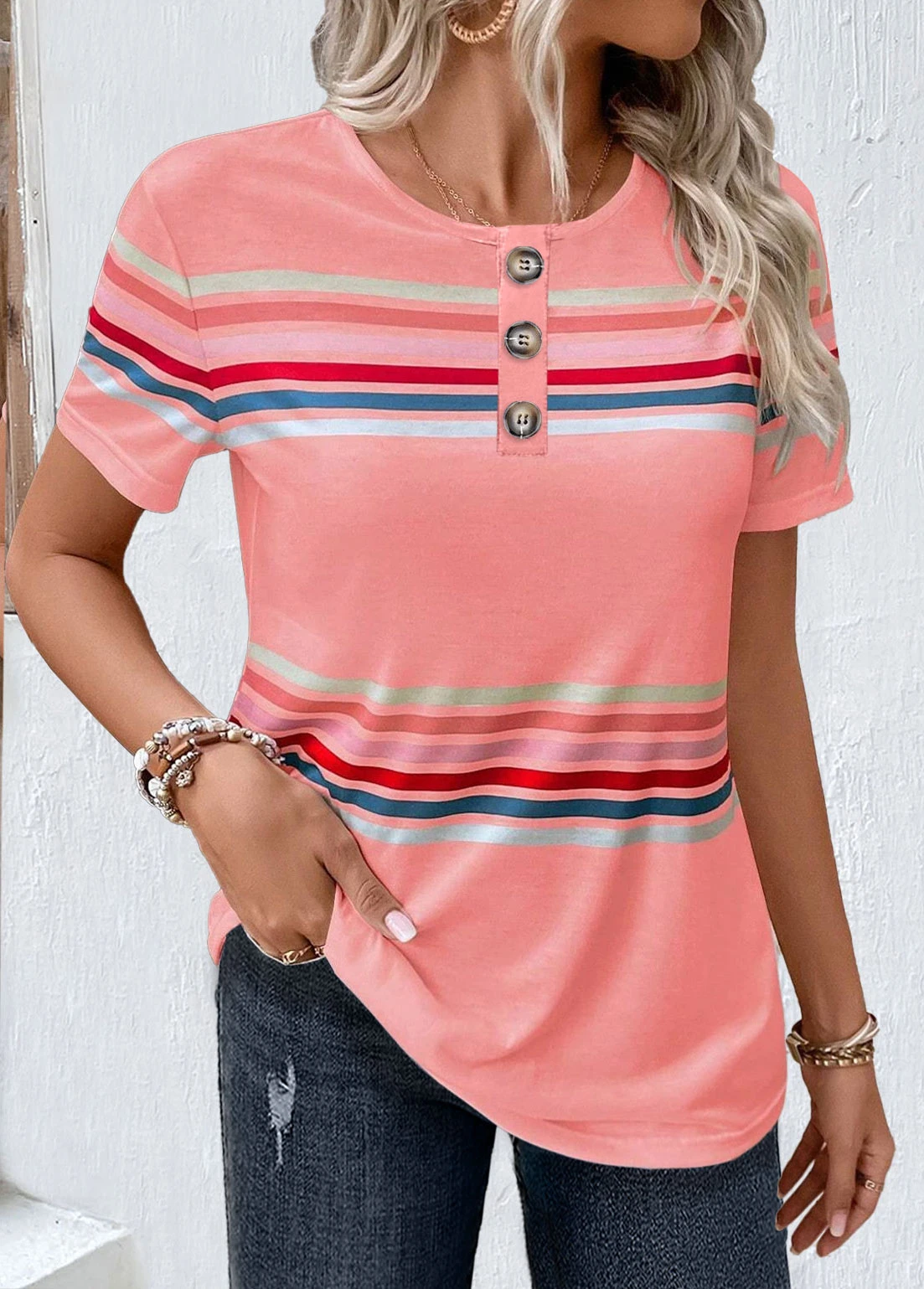 Pink Plus Size Button Striped T Shirt 5 Pink Plus Size Button Striped T Shirt - Image 3