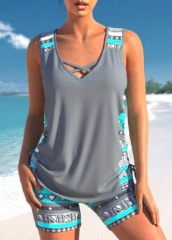 Mid Waisted Grey Plus Size Tankini Set
