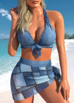 High Waisted Lace Up Denim Blue Bikini Set
