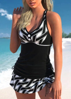 Mid Waisted Geometric Print Drawstring Black Tankini Set -Rosewe Promotion Store 333306 P 1683277331578