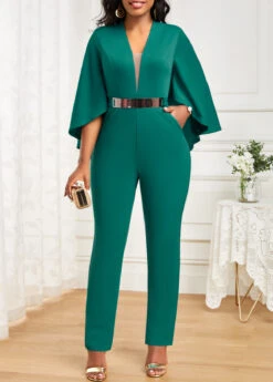 Pocket Green Ankle Length V Neck Jumpsuit -Rosewe Promotion Store 333334 P 16890401820363