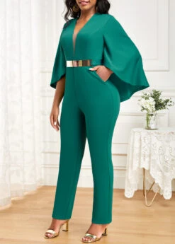 Pocket Green Ankle Length V Neck Jumpsuit -Rosewe Promotion Store 333334 P 16890401822724