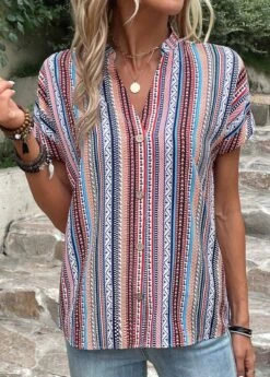 Striped Button Blue Split Neck Blouse