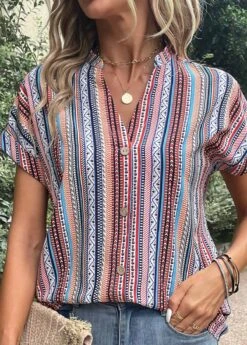 Striped Button Blue Split Neck Blouse -Rosewe Promotion Store 333358 P 16844987751365