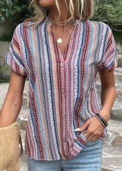 Striped Button Blue Split Neck Blouse -Rosewe Promotion Store 333358 P 16844987752264