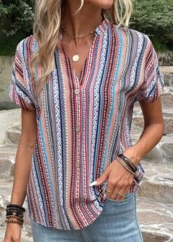 Striped Button Blue Split Neck Blouse -Rosewe Promotion Store 333358 P 16844987754142