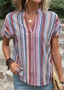 Striped Button Blue Split Neck Blouse -Rosewe Promotion Store 333358 P 16844987759073