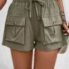 Olive Green Elastic Waist Pocket High Waisted Shorts 2 Olive Green Elastic Waist Pocket High Waisted Shorts -Rosewe Promotion Store 333366 P 16856094171110