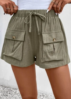 Olive Green Elastic Waist Pocket High Waisted Shorts -Rosewe Promotion Store 333366 P 16856094174564