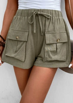 Olive Green Elastic Waist Pocket High Waisted Shorts -Rosewe Promotion Store 333366 P 16856094175915