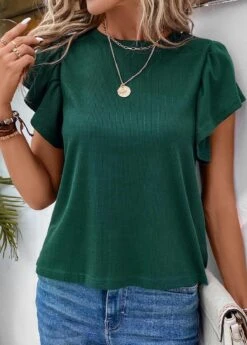 Ruffle Round Neck Short Sleeve Green T Shirt 9 Ruffle Round Neck Short Sleeve Green T Shirt -Rosewe Promotion Store 333367 P 16854384331172