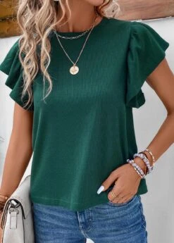Ruffle Round Neck Short Sleeve Green T Shirt 10 Ruffle Round Neck Short Sleeve Green T Shirt -Rosewe Promotion Store 333367 P 16854384334933