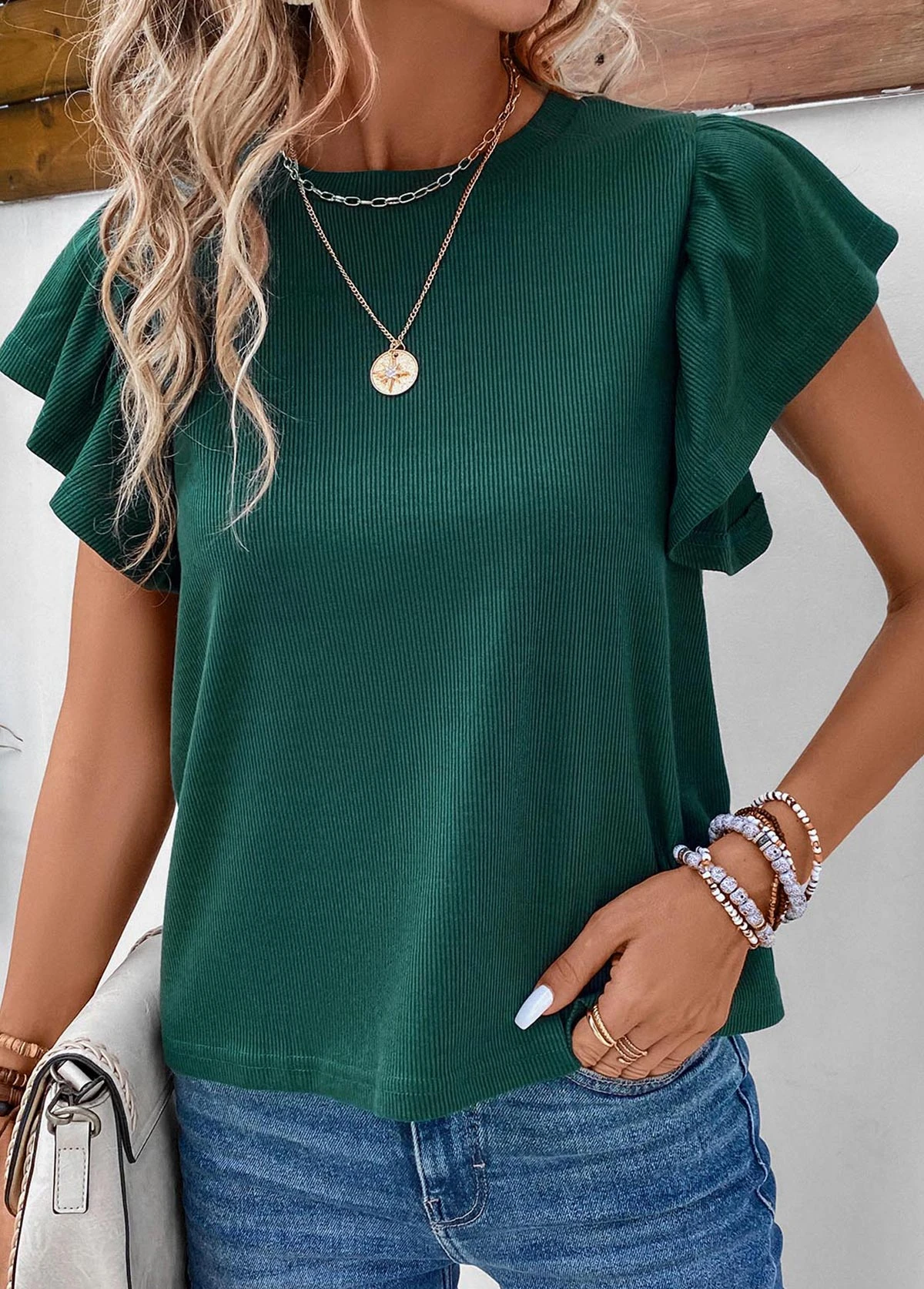Ruffle Round Neck Short Sleeve Green T Shirt 6 Ruffle Round Neck Short Sleeve Green T Shirt - Image 4