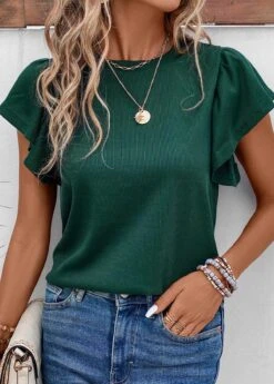 Ruffle Round Neck Short Sleeve Green T Shirt 11 Ruffle Round Neck Short Sleeve Green T Shirt -Rosewe Promotion Store 333367 P 16854384337774