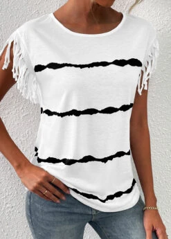 Striped Tassel White Round Neck T Shirt -Rosewe Promotion Store 333369 P 16859668801822