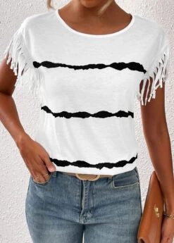 Striped Tassel White Round Neck T Shirt -Rosewe Promotion Store 333369 P 16859668802504