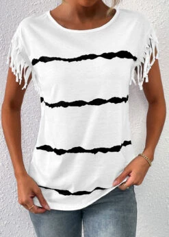 Striped Tassel White Round Neck T Shirt