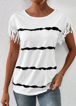 Striped Tassel White Round Neck T Shirt -Rosewe Promotion Store 333369 P 16859668804703