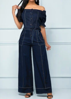 Button Belted Navy Long Off Shoulder Jumpsuit -Rosewe Promotion Store 333384 P 1684744071581