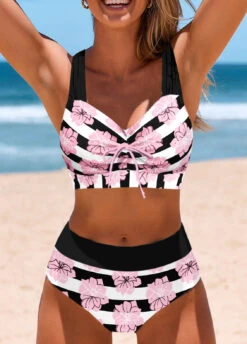 Mid Waisted Striped Criss Cross Black Bikini Set -Rosewe Promotion Store 333385 P 1684291166333