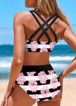 Mid Waisted Striped Criss Cross Black Bikini Set -Rosewe Promotion Store 333385 P 1684291166724
