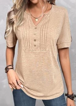 Split Neck Button Light Camel T Shirt -Rosewe Promotion Store 333398 P 1683371324542