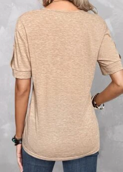 Split Neck Button Light Camel T Shirt -Rosewe Promotion Store 333398 P 1683371324983