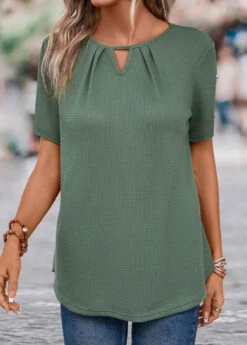 Cut Out Round Neck Sage Green T Shirt -Rosewe Promotion Store 333471 P 16880162793025