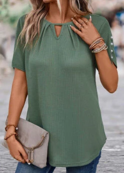 Cut Out Round Neck Sage Green T Shirt -Rosewe Promotion Store 333471 P 16880162796033