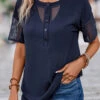 Short Sleeve Patchwork Navy Round Neck Blouse -Rosewe Promotion Store 333474 P 16868944118212