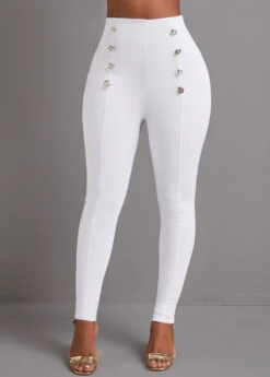 Skinny Button White Elastic Waist High Waisted Pants -Rosewe Promotion Store 333478 P 16839798541060