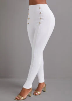 Skinny Button White Elastic Waist High Waisted Pants