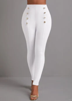 Skinny Button White Elastic Waist High Waisted Pants -Rosewe Promotion Store 333478 P 16839798559073