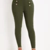 Skinny Button Green Elastic Waist High Waisted Pants