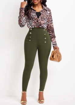 Skinny Button Green Elastic Waist High Waisted Pants -Rosewe Promotion Store 333479 P 16839798562164