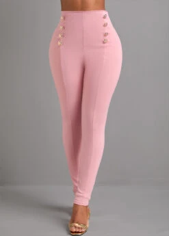 Skinny Button Pink Elastic Waist High Waisted Pants