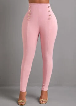 Skinny Button Pink Elastic Waist High Waisted Pants -Rosewe Promotion Store 333480 P 16838868567463