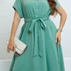 Mint Green Plus Size Button Belted Dress -Rosewe Promotion Store 333483 P 1684215378291