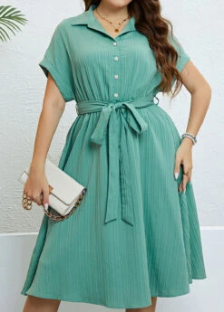 Mint Green Plus Size Button Belted Dress