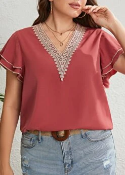 Coral Plus Size Ruffle Short Sleeve T Shirt