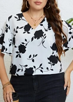 White Plus Size Ruffle Floral Print T Shirt