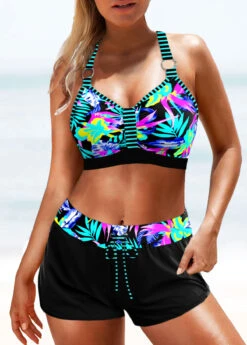 Mid Waisted Tropical Plants Print Patchwork Bikini Set -Rosewe Promotion Store 333500 P 1683526867963
